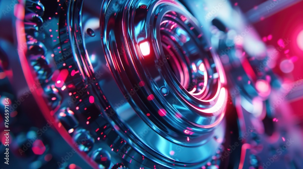 Poster close-up of a camera lens with red lights. perfect for technology and photography concepts
