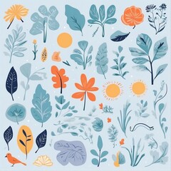 A collection of seamless pattern, colorful abstract plants and flowers. Hand drawn Collection of leaves and flowers. A close up of a pattern of flowers and leaves.
