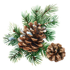 Christmas plant spruce and pinecone isolated on white or transparent background