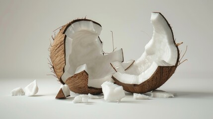 A broken coconut placed on a table. Suitable for food and tropical themes - obrazy, fototapety, plakaty