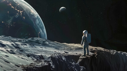 Astronaut standing on cliff overlooking space - obrazy, fototapety, plakaty