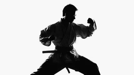 Afwasbaar fotobehang Silhouette of a man in a karate pose, suitable for sports and martial arts themes © Fotograf