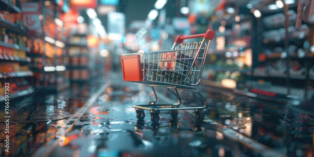 Poster A shopping cart in the middle of a store aisle. Suitable for retail or grocery store concepts