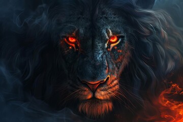 Horror lion portrait with glowing red eyes, dark fantasy illustration, digital painting - obrazy, fototapety, plakaty