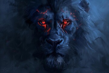 Horror lion portrait with glowing red eyes, dark fantasy illustration, digital painting - obrazy, fototapety, plakaty