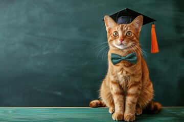 Cute ginger cat wearing graduation hat on green chalkboard background