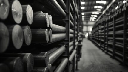 A warehouse filled with lots of metal pipes. Suitable for industrial concepts - obrazy, fototapety, plakaty