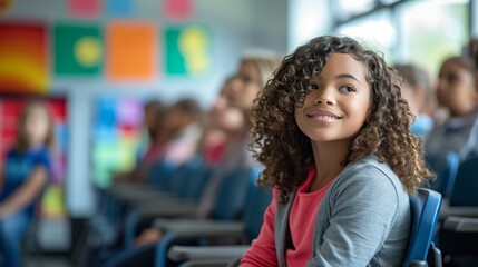 A young girl with curly hair smiles brightly in a colorful classroom, embodying optimism and the joy of learning in a diverse educational environment. - obrazy, fototapety, plakaty
