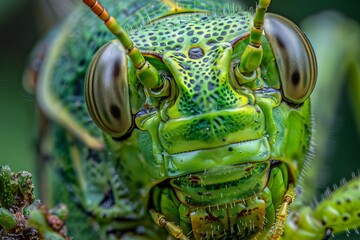High-resolution close-up of green locust, detailed insect macro photography - obrazy, fototapety, plakaty