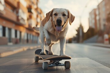 Cute labrador dog riding on skateboard on the city street