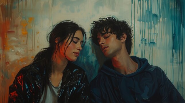 An evocative painting of a young couple in a close embrace, conveying the warmth and intimacy of their moment against a backdrop of cool, dripping colors