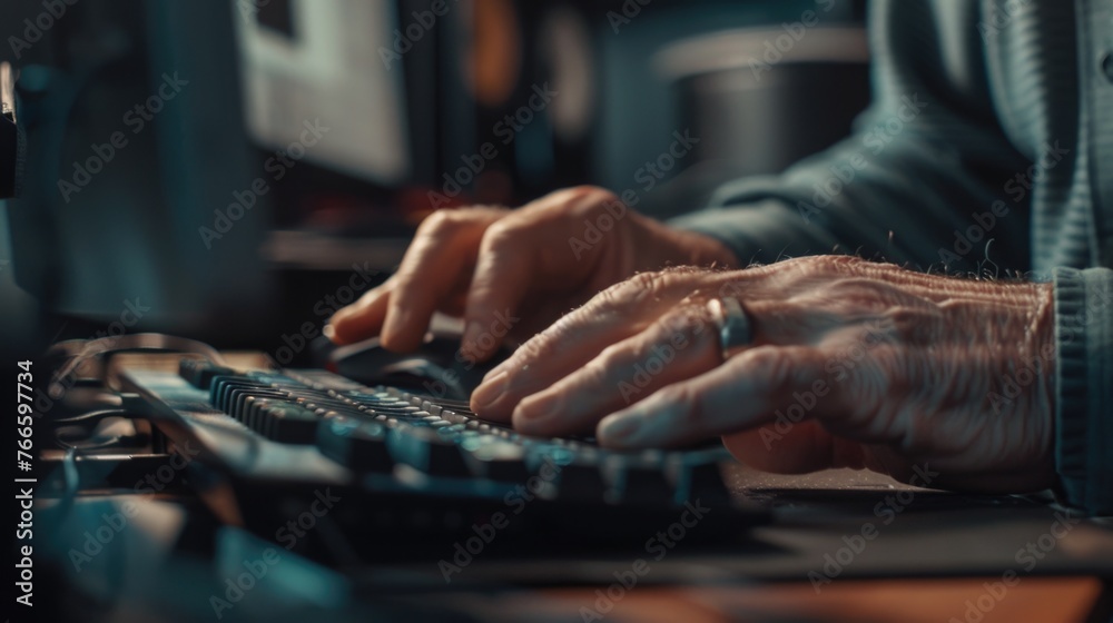 Aufkleber Close up of a person typing on a keyboard, suitable for technology concepts