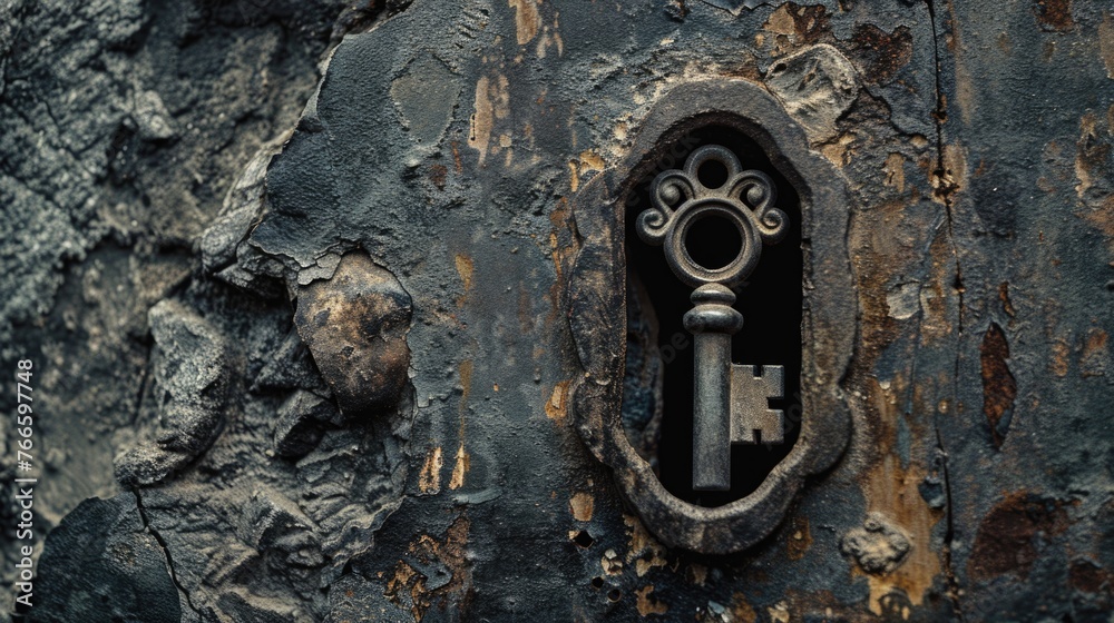 Poster An old key inserted into a hole in the side of a tree. Suitable for mystery or hidden object concepts