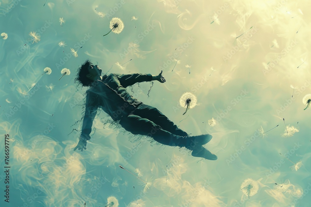 Poster A person floating in the air with a bunch of dandelions. Suitable for nature and dreamy concepts