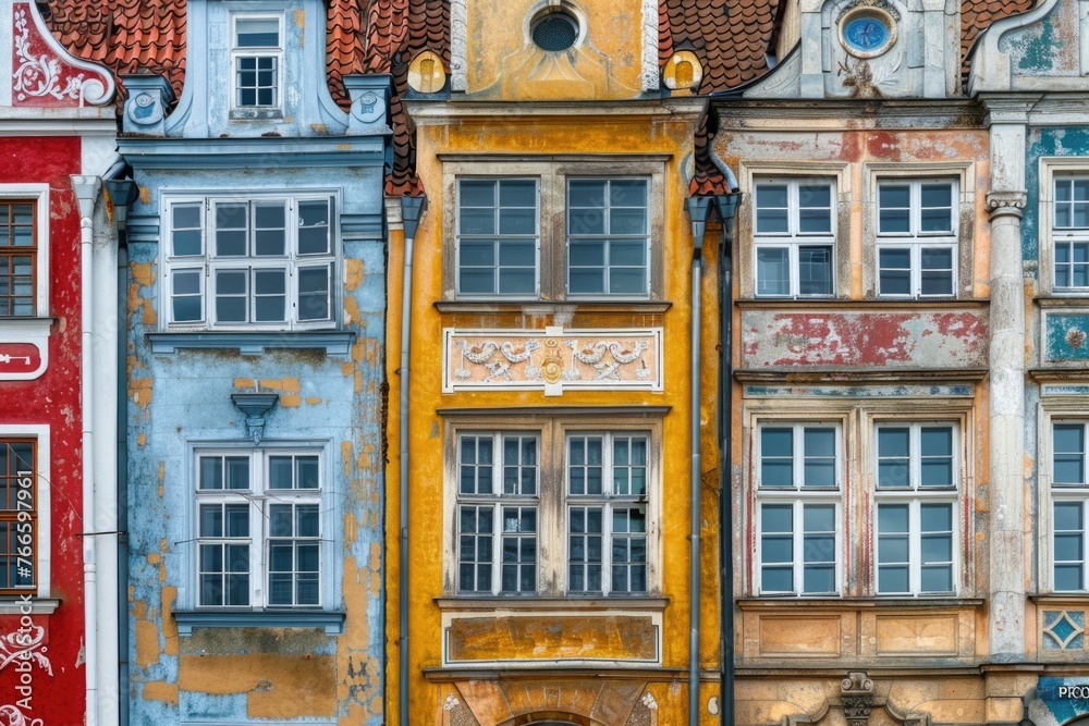 Aufkleber a row of colorful buildings with a clock on the top. suitable for travel brochures