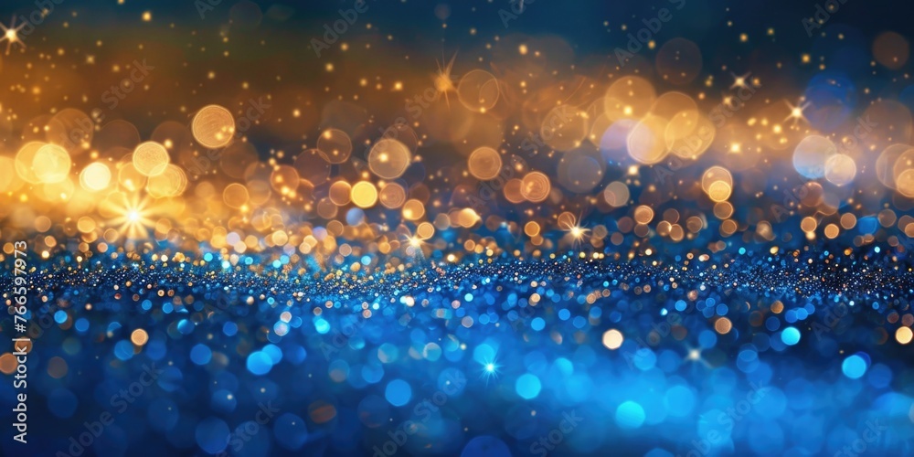 Poster a vibrant blue and gold background with numerous lights. suitable for various design projects