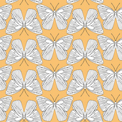 Butterflies black ink line vector symmetry seamless pattern background for textile, fabric, wallpaper, scrapbook. Insects with wings drawing for surface design.