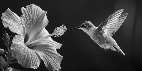 Beautiful black and white photo of a hummingbird feeding from a flower. Perfect for nature and...