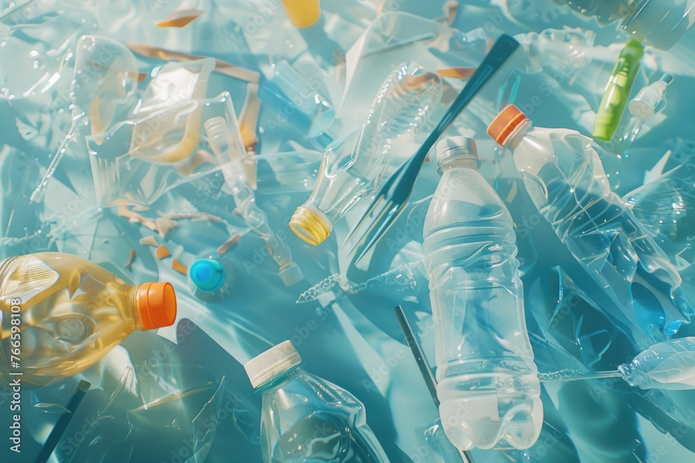 Poster stack of plastic bottles and recyclable items, suitable for environmental concepts