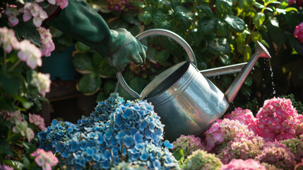 A gloved hand waters hydrangeas with a metal watering can in a blooming garden.