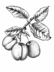 Black and white illustration of a fruit tree branch with plums. Elegant design for logos, branding, and websites, offering a sophisticated and timeless aesthetic.