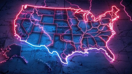 A vibrant neon map of the United States, perfect for educational or travel designs - obrazy, fototapety, plakaty