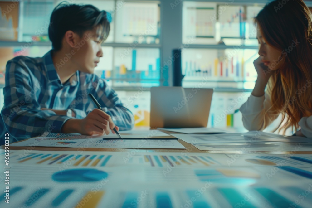 Poster a couple of people sitting at a table with papers. suitable for business concepts