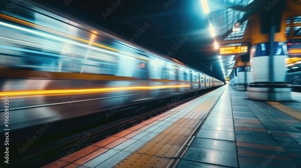 Poster Blurry image of a train approaching on the tracks, suitable for transportation concepts