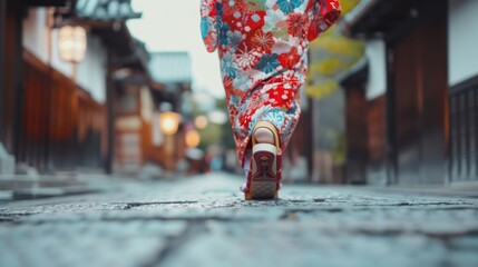 A woman in a traditional kimono walking down a city street. Suitable for cultural and travel concepts