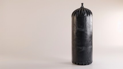 A black punching bag on a white surface, suitable for fitness or sports concept.