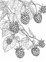 A detailed and realistic botanical illustration of a raspberry plant branch with ripe berries and green leaves, set against a white background, ideal for nature enthusiasts and art lovers.