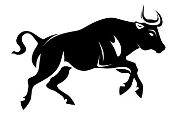 Angry bull running, black vector isolated against white background  - obrazy, fototapety, plakaty