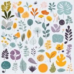 A collection of seamless pattern, colorful abstract plants and flowers. Hand drawn Collection of leaves and flowers. A close up of a pattern of flowers and leaves.
