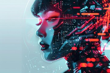 Futuristic woman merged with computer keyboard, technology concept, digital illustration