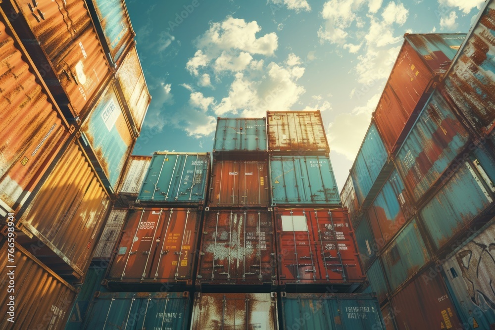 Poster a bunch of containers stacked on top of each other. can be used for industrial, shipping, or storage