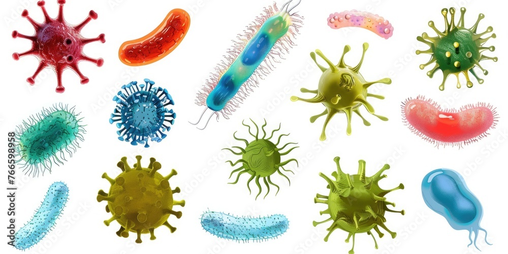 Poster Various types of germs on a clean white background. Suitable for medical and scientific concepts