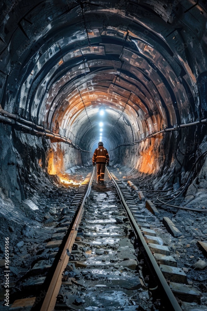 Poster a man riding a train through a tunnel. perfect for transportation concepts