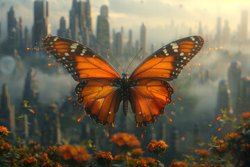 Butterfly wings morphing into a city skyline, showcasing the urban metamorphosis inspired by nature. Concept of ecological urbanization. Generative Ai. - obrazy, fototapety, plakaty