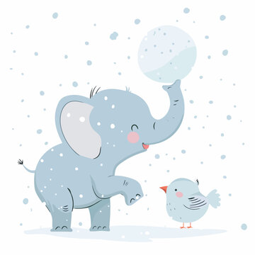 A CUTE ELEPHANT WITH A LITTLE BIRD ARE PLAYING WITH
