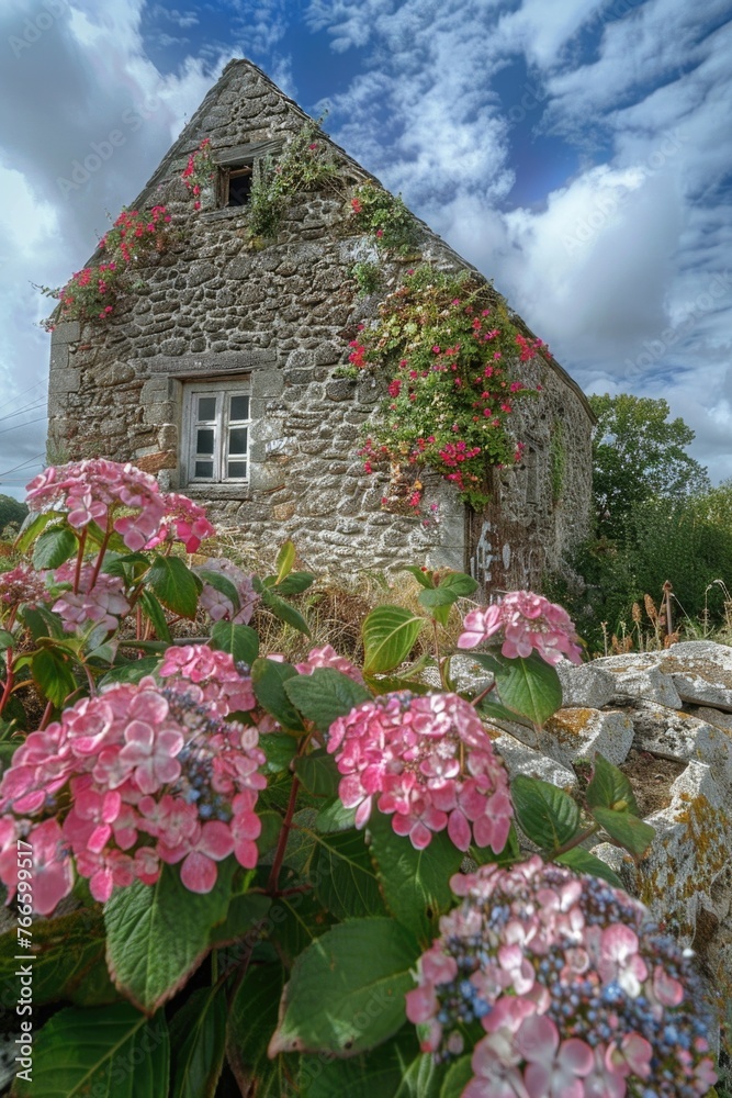 Poster stone building with pink flowers in front of it. perfect for architectural and nature-themed project