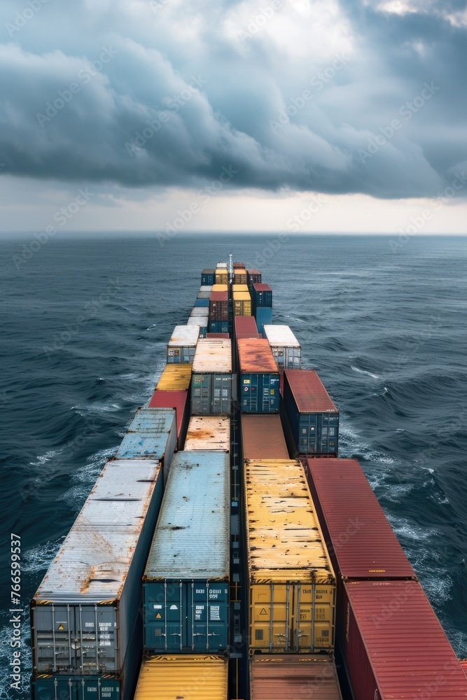 Poster A large container ship sailing on the open ocean. Suitable for transportation and logistics concepts