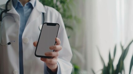 Doctor using a digital smartphone technology communication in hospital. AI generated image
