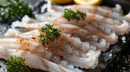 A detailed view of a plate of squid, perfect for food-related projects