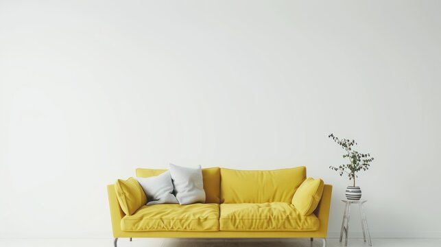 Living room interior design with yellow sofa against white wall background. AI generated image