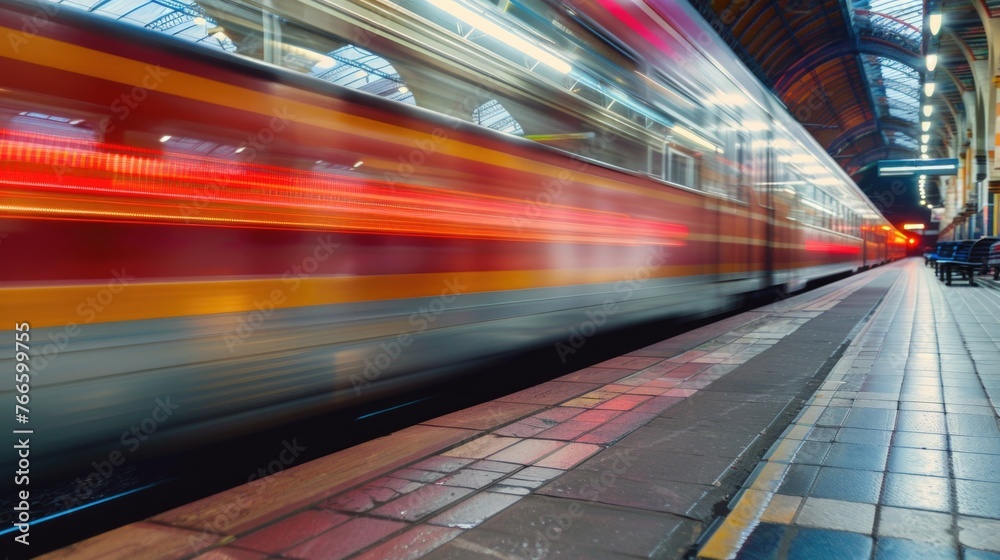 Poster a colorful train passing by a station, suitable for transportation concepts