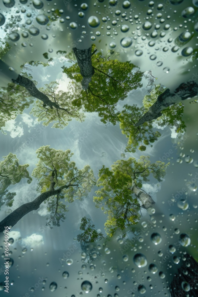 Poster rainy view of trees through windshield, ideal for weather or nature concepts