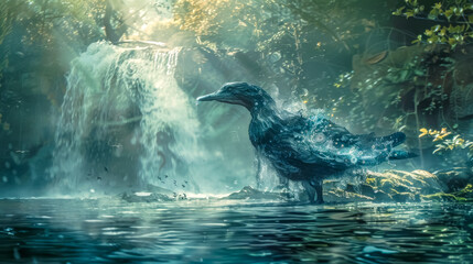 Fototapeta premium Mystical raven bathing by waterfall