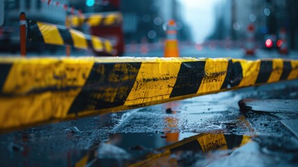 A yellow and black barricade on a wet street, suitable for construction or safety themes