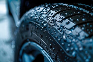 Water drops on car tire protector, macro photo - obrazy, fototapety, plakaty