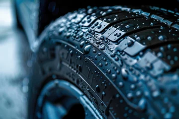 Fotobehang Water drops on car tire protector, macro photo © Alina